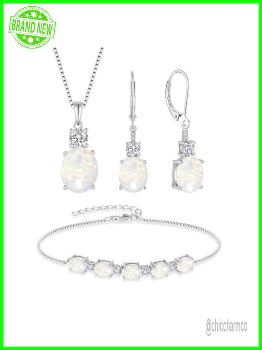 925 Sterling Silver Oval Opal Jewelry Set 18k White Gold Plated Necklace
